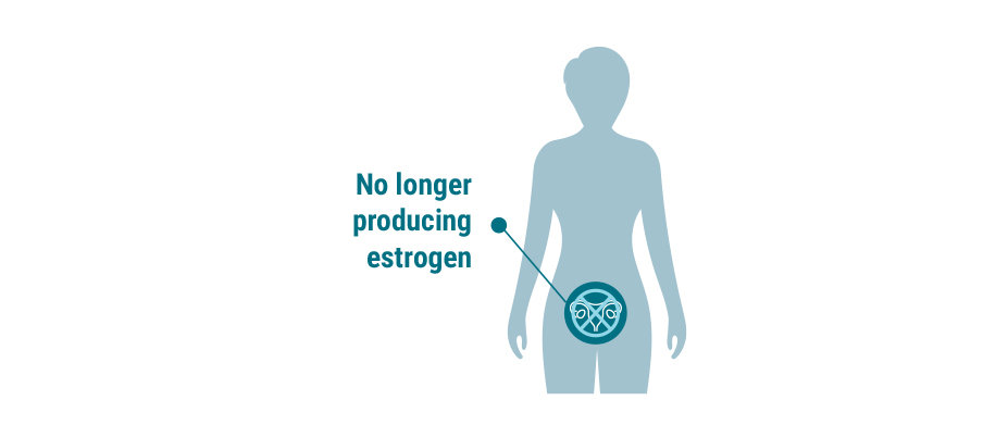 Illustration of woman pointing to ovaries text says no longer producing estrogen