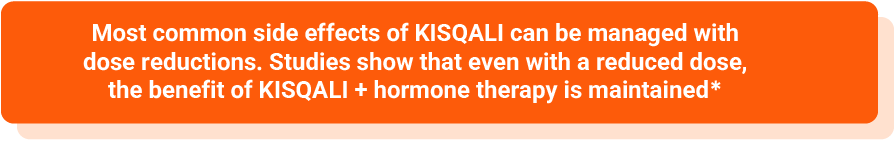 Most common side effects of KISQALI can be managed with dose reductions. Studies show that even with a reduced dose, the benefit of KISQALI + hormone therapy is maintained*