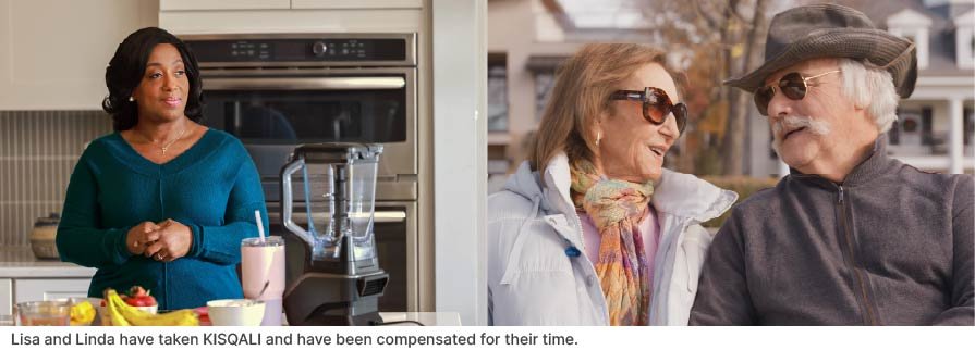 Image of a woman next to a blender, and a woman and man smiling at each other