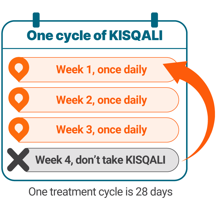 One treatment cycle of KISQALI is 28 days. Week 1, once daily. Week 2, once daily. Week 3, once daily. Week 4, don’t take KISQALI.